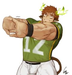 Rule 34 | 1boy, american football uniform, animal ears, bara, brown hair, bulge, cow boy, cow ears, cow horns, cow tail, cowboy shot, dark skin, dark-skinned male, facial hair, fiery horns, forked eyebrows, glowing horns, goatee, gomtang, green shirt, horns, impossible clothes, interlocked fingers, large pectorals, male focus, multicolored hair, muscular, muscular male, own hands together, pants, pectorals, shirt, short hair, short sleeves, shorts, sideburns, solo, spiked hair, sportswear, streaked hair, tail, thick eyebrows, thick thighs, thighs, tight clothes, tight pants, tight shirt, tokyo houkago summoners, wakan tanka, white shorts, wristband