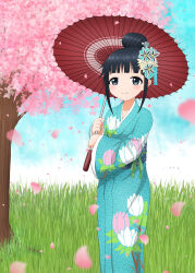 Rule 34 | 1girl, absurdres, black eyes, black hair, cherry blossoms, closed mouth, cloud, collarbone, day, dot nose, falling petals, female focus, flower, hair ornament, highres, holding, holding umbrella, ishigakiseiya, japanese clothes, kimono, kunoichi tsubaki no mune no uchi, long sleeves, looking at viewer, mokuren (kunoichi tsubaki no mune no uchi), outdoors, petals, sky, solo, standing, tree, umbrella