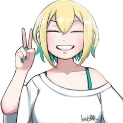 Rule 34 | 1girl, :d, ^ ^, amano pikamee, basedshark, blonde hair, clenched teeth, closed eyes, commentary, english commentary, green hair, hand up, highres, off-shoulder shirt, off shoulder, open mouth, sharp teeth, shirt, short hair, short sleeves, signature, simple background, smile, solo, teeth, upper body, v, virtual youtuber, voms, white background, white shirt, wide sleeves