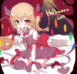 Rule 34 | 1girl, 2014, black dress, black thighhighs, blonde hair, blush, bow, closed mouth, crystal, dress, flandre scarlet, full body, hair between eyes, hair bow, halloween, horns, jack-o&#039;-lantern, looking at viewer, no headwear, on bed, one side up, paragasu (parags112), pumpkin, red bow, red eyes, red footwear, shoes, short hair, sitting, smile, solo, thighhighs, touhou, wariza, wings