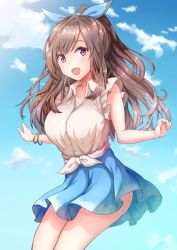 Rule 34 | 1girl, aiban, blue bow, blue skirt, blush, bow, breasts, brown eyes, brown hair, cloud, cloudy sky, cowboy shot, day, floral print, hair bow, highres, idolmaster, idolmaster shiny colors, large breasts, long hair, looking at viewer, open mouth, patterned clothing, ponytail, skirt, sky, smile, solo, tsukioka kogane