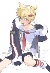 Rule 34 | 1boy, black footwear, black gloves, black shorts, blonde hair, blue eyes, blush, boots, commentary, crab hair ornament, dohyo123123, fur-trimmed jacket, fur trim, gloves, highres, jacket, kagamine len, looking at viewer, male focus, neckerchief, open clothes, open jacket, open mouth, red neckerchief, sailor collar, shorts, sitting, snow, snow on head, solo, vocaloid, white sailor collar