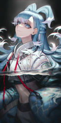 Rule 34 | 1girl, absurdres, blue eyes, blue hair, closed mouth, crop top, drawstring, ear piercing, earrings, highres, hololive, hololive indonesia, jacket, jewelry, kobo kanaeru, long hair, long sleeves, midriff, multicolored hair, navel, open clothes, open jacket, partially submerged, partially underwater shot, piercing, rhine (overtonerhine), sleeves past fingers, sleeves past wrists, solo, streaked hair, underwater, virtual youtuber, water, white hair