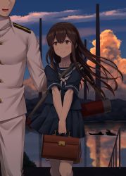 Rule 34 | 1boy, 1girl, absurdres, admiral (kancolle), aged down, akagi (kancolle), bag, blush, boat, brown eyes, brown hair, closed mouth, cloud, collarbone, epaulettes, hand on another&#039;s shoulder, handbag, highres, i-class destroyer, ichikawa feesu, kantai collection, kneehighs, long hair, long sleeves, looking at another, military, military uniform, naval uniform, neckerchief, outdoors, pleated skirt, reflection, sailor collar, school bag, school uniform, serafuku, shirt, short sleeves, skirt, sky, smile, socks, standing, sunset, uniform, water, watercraft, white neckerchief