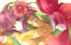 1girl bad_id bad_pixiv_id ball blush female_focus flower grass grin hair_flower hair_ornament hieda_no_akyuu japanese_clothes lying obi on_stomach purple_eyes purple_hair sash short_hair smile solo sushimekabu touhou upper_body