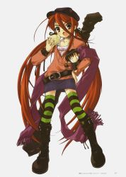 Rule 34 | 00s, 1girl, absurdres, alastor (shakugan no shana), belt, boots, bread, buckle, food, full body, highres, ito noizi, jewelry, melon bread, pendant, red eyes, red hair, sakai yuuji, shakugan no shana, shana, simple background, solo, standing, striped clothes, striped thighhighs, thighhighs
