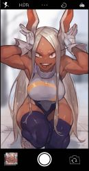 Rule 34 | 1girl, absurdres, animal ears, armpits, boku no hero academia, breasts, dark-skinned female, dark skin, eyelashes, heattech leotard, highres, large breasts, leotard, long hair, looking at viewer, mirko, muscular, muscular female, open mouth, orange eyes, parted bangs, purple thighhighs, rabbit ears, rabbit girl, rabbit pose, smile, solo, squatting, teeth, thighhighs, thighs, tongue, tongue out, turtleneck, uedrk yamato, very long hair, white hair