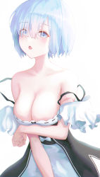 Rule 34 | 1girl, :o, apron, bare shoulders, black dress, blue eyes, blue hair, blush, bow, breast hold, breasts, cleavage, collarbone, commentary, dress, eyes visible through hair, hair over one eye, highres, looking at viewer, moda (mo da 3), off shoulder, open mouth, re:zero kara hajimeru isekai seikatsu, rem (re:zero), revision, ribbon-trimmed dress, short sleeves, simple background, solo, strap slip, upper body, waist apron, white apron, white background, white bow