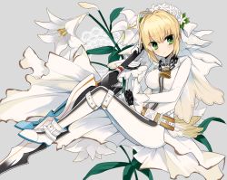 Rule 34 | 10s, 1girl, aestus estus, ahoge, bad id, bad pixiv id, bell, belt, blonde hair, blush, bodysuit, breasts, chain, doily, fate/extra, fate/extra ccc, fate (series), flower, full body, gloves, green eyes, lock, nero claudius (bride) (fate), nero claudius (fate), nero claudius (fate), padlock, shichi, sitting, solo, veil