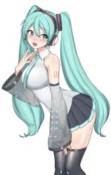 Rule 34 | 1girl, akkgsyk, aqua eyes, aqua hair, aqua nails, aqua necktie, bare shoulders, black skirt, black thighhighs, blush, breasts, detached sleeves, from side, grey shirt, grey sleeves, hatsune miku, headphones, headset, highres, leaning forward, long hair, long sleeves, looking at viewer, medium breasts, miniskirt, necktie, nose blush, number tattoo, open mouth, pleated skirt, shirt, simple background, skirt, sleeveless, sleeveless shirt, solo, tattoo, thighhighs, twintails, very long hair, vocaloid, white background, wide sleeves