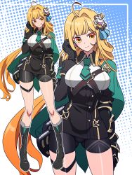 1girl absurdres ahoge black_footwear black_gloves black_shorts blonde_hair boots breasts cape closed_mouth gloves green_cape green_necktie hair_ornament highres honkai_(series) honkai_impact_3rd imtmcomics large_breasts long_hair long_sleeves looking_at_viewer magazine_(weapon) necktie outline shorts smile standing susannah_manatt susannah_manatt_(immortal_blades_uniform) susannah_manatt_(valkyrie_quicksand) very_long_hair white_outline zoom_layer