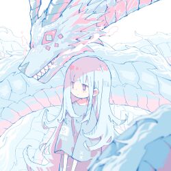 Rule 34 | 1girl, blue hair, blunt bangs, blurry, chinese zodiac, depth of field, dragon, eastern dragon, expressionless, highres, jitome, long hair, loose clothes, loose shirt, matabeku, original, pastel colors, pink eyes, shirt, skinny, upper body, very long hair, white background, year of the dragon