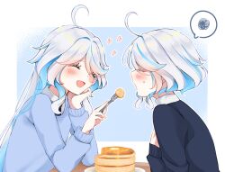 Rule 34 | 2girls, :d, ^ ^, ahoge, black necktie, black sweater, blue background, blue hair, blue sweater, blush, border, closed eyes, collared shirt, commentary request, elbow rest, eyelashes, feeding, food, fork, furina (genshin impact), genshin impact, hair between eyes, hair intakes, hands up, head rest, heart, highres, holding, holding fork, long hair, long sleeves, maple syrup, multicolored hair, multiple girls, necktie, open mouth, outside border, pancake, pancake stack, parted bangs, plate, school uniform, shirt, short hair, sidelocks, simple background, smile, speech bubble, spoken squiggle, squiggle, streaked hair, sweatdrop, sweater, swept bangs, syrup, table, upper body, white border, white hair, white shirt, yudemame1027