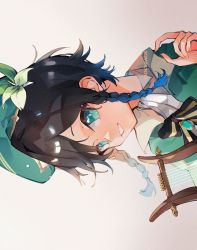 Rule 34 | 1boy, androgynous, bad id, bad pixiv id, beret, black hair, blue hair, bow, braid, brooch, cape, collared cape, collared shirt, flower, genshin impact, gradient hair, green eyes, green hat, hat, hat flower, highres, instrument, jewelry, leaf, looking at viewer, lyre, male focus, mochiage354, multicolored hair, open mouth, shirt, short hair with long locks, simple background, smile, solo, twin braids, venti (genshin impact), white background, white flower, white shirt