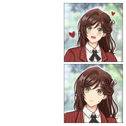Rule 34 | 1girl, 2koma, :d, blue sky, blurry, blurry background, border, brown hair, collared shirt, comic, empty eyes, for the better right? (meme), green eyes, hair ornament, heart, highres, jacket, long hair, looking at viewer, meme, nirvelia, open mouth, outdoors, parted lips, red jacket, rosa (tears of themis), shirt, sky, smile, solo, tears of themis, template, tree, upper body, white border, white shirt, wide-eyed