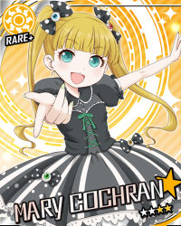 Rule 34 | 1girl, :d, annindoufu (oicon), aqua eyes, black dress, blonde hair, card (medium), card parody, character name, cinderella girls card parody, dress, eyeball, idolmaster, idolmaster cinderella girls, kaipo, looking at viewer, mary cochran, nail art, nail polish, official style, open mouth, outstretched hand, parody, smile, solo, sparkle, star (symbol), sun symbol, twintails