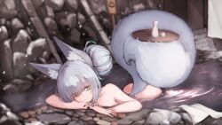 Rule 34 | 1girl, absurdres, animal ear fluff, animal ears, aqua hair, ass, bare shoulders, bath, bathing, choko (cup), completely nude, cup, fox ears, fox girl, fox tail, grey hair, hair bun, highres, holding, holding tray, looking at viewer, multicolored hair, nail polish, nude, onsen, onsen symbol, original, outdoors, partially submerged, rock, snowing, solo, tail, thick eyebrows, tokkuri, tray, water, yaho nyan, yellow eyes