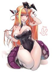 Rule 34 | 1girl, adjusting hair, animal ears, bare shoulders, black footwear, black leotard, blonde hair, breasts, cleavage, commentary request, dated, detached collar, dragon tail, fake animal ears, fang, highres, hololive, horn ornament, horns, isuka, kiryu coco, kneeling, large breasts, leotard, long hair, looking at viewer, multicolored hair, orange hair, piercing, playboy bunny, pointy ears, rabbit ears, red eyes, simple background, skindentation, solo, tail, tongue, tongue out, very long hair, virtual youtuber, white background, wrist cuffs
