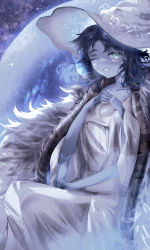 Rule 34 | 1girl, absurdres, blue eyes, blue hair, blue skin, cape, collarbone, colored skin, dress, elden ring, extra arms, fur cape, hat, highres, long hair, looking at viewer, one eye closed, ranni the witch, sitting, solo, white dress, white hat, witch hat, ytki0