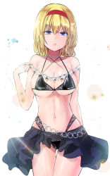 Rule 34 | 1girl, alice margatroid, bare arms, bare shoulders, bikini, bikini skirt, black bikini, black skirt, blonde hair, blue eyes, breasts, commentary request, cowboy shot, criss-cross halter, hair between eyes, hairband, halterneck, hand up, highleg, highleg bikini, highres, large breasts, looking at viewer, one-hour drawing challenge, parted lips, red hairband, short hair, simple background, skirt, solo, standing, swimsuit, thighs, touhou, white background, y2
