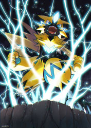 Rule 34 | bad id, bad pixiv id, black background, blue eyes, claws, cliff, commentary request, creature, creatures (company), electricity, full body, furry, game freak, gen 7 pokemon, glowing, highres, legendary pokemon, looking at viewer, mythical pokemon, nintendo, open mouth, pokemon, pokemon (creature), serious, simple background, solo, standing, yukari (yukari21653710), zeraora
