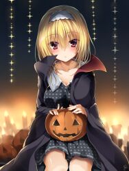 Rule 34 | 1girl, :&lt;, black background, black cape, black dress, blonde hair, blush, breasts, candle, candlelight, cape, chaamii, cleavage, collarbone, commentary, dracu-riot!, dress, expressionless, eyelashes, fang, fingernails, food, frilled hairband, frills, hair between eyes, hair over shoulder, hairband, halloween, high collar, highres, holding, holding food, holding pumpkin, holding vegetable, large breasts, looking at viewer, medium hair, nicola cepheus, polka dot, polka dot dress, pumpkin, red eyes, short dress, signature, simple background, sitting, solo, sparkle, vampire, vegetable, white hairband, yuzu-soft