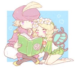 Rule 34 | 1boy, 1girl, bandaged arm, bandages, black wings, blonde hair, blue wings, book, braid, butterfly wings, closed mouth, crossed legs, eyes visible through hair, fairy, feathers, flower, hand up, hat feather, head wreath, holding, holding book, ingway (odin sphere), insect wings, katiko, kneeling, leaf, long hair, long sleeves, mercedes (odin sphere), multicolored wings, no nose, odin sphere, pants, pink eyes, pointy ears, puff and slash sleeves, puffy sleeves, purple eyes, purple headwear, short hair, short jumpsuit, sitting, smile, turban, twin braids, two-tone wings, white flower, white footwear, white pants, wings, yellow feathers