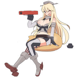 Rule 34 | 10s, 1girl, bad id, bad pixiv id, blonde hair, breasts, cheese-kun, cleavage, food, hair ornament, iowa (kancolle), kantai collection, large breasts, long hair, looking at viewer, open mouth, pizza, pizza box, pizza hut, sitting, skirt, solo, star-shaped pupils, star (symbol), symbol-shaped pupils, thighhighs, uni (gugurutan)