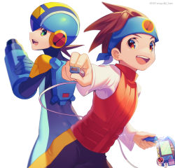 Rule 34 | 2boys, :d, arm cannon, black shorts, blue headwear, blurry, bodysuit, brown eyes, brown hair, brown vest, cable, commentary request, copyright name, dated, depth of field, fingernails, gradient background, green eyes, happy, helmet, highres, holding, holding cable, lan hikari (mega man), long sleeves, looking at viewer, looking back, male focus, mega man (series), mega man battle network, mega man battle network (series), megaman.exe, multiple boys, netnavi, open mouth, personal terminal, purple bodysuit, shirt, short hair, shorts, simple background, smile, spiked hair, teeth, turtleneck, upper teeth only, vest, weapon, white background, white shirt, zero-go