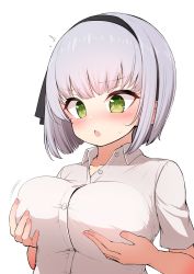 Rule 34 | 1girl, absurdres, alternate breast size, black hairband, blush, bob cut, breast hold, breasts, buttons, chestnut mouth, collarbone, collared shirt, dot nose, eyelashes, fingernails, green eyes, hairband, highres, konpaku youmu, large breasts, moyashi baasuto, open mouth, shirt, short hair, short sleeves, silver hair, simple background, solo, standing, sweatdrop, touhou, upper body, unworn vest, white background, white shirt, wing collar
