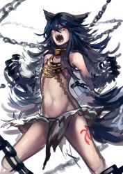 Rule 34 | &gt;:o, 10s, 1girl, :o, absurdres, angry, animal ears, animal hands, azuki (azuki-taste), bare shoulders, blue hair, bodypaint, chain, claws, collarbone, cowboy shot, erune, fangs, fenrir (shingeki no bahamut), flat chest, granblue fantasy, groin, hair between eyes, highres, jewelry, loincloth, long hair, looking away, looking to the side, navel, neck ring, no panties, red eyes, restrained, shingeki no bahamut, simple background, slit pupils, solo, tail, v-shaped eyebrows, very long hair, white background, wolf ears, wolf paws, wolf tail
