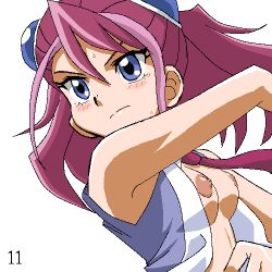 Rule 34 | 1girl, gomatarou (pixiv196136), hiiragi yuzu, lowres, nipples, pink hair, purple eyes, solo, upper body, yu-gi-oh!, yu-gi-oh! arc-v