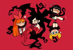Rule 34 | 4girls, absurdly long hair, absurdres, anger vein, black hair, blonde hair, blossom (ppg), blue eyes, boots, bow, bubbles (ppg), buttercup (ppg), clenched teeth, closed mouth, crossed legs, dress, elbow gloves, closed eyes, eyeshadow, facing viewer, gloves, green eyes, hair bow, hair chair, high heel boots, high heels, highres, long hair, makeup, medium hair, multiple girls, orange hair, pantyhose, ponytail, powerpuff girls, prehensile hair, rariatto (ganguri), red background, red dress, red footwear, red gloves, restrained, sedusa, simple background, sitting on hair, smile, teeth, twintails, very long hair, white pantyhose, wide sleeves