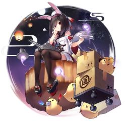 Rule 34 | 1girl, animal ears, azur lane, bird, black hair, box, brown thighhighs, chick, dress, geta, haluka (aixioo), hand on own cheek, hand on own face, hitodama, holding, holding paper, lantern, manjuu (azur lane), mooncake, off shoulder, official alternate costume, official art, outside border, paper, paper lantern, rabbit ears, red eyes, round image, shiranui (azur lane), shiranui (mooncake merchant) (azur lane), sitting, solo, thighhighs, transparent background, turret