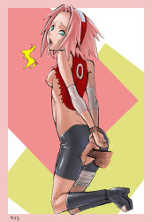 Rule 34 | 1boy, 1girl, anal, arm warmers, arms behind back, ass, back, bandages, bare shoulders, bike shorts, boots, bound, bound wrists, breasts, clothed sex, crotchless, disembodied penis, green eyes, haruno sakura, headband, headdress, hetero, kneeling, konakona, looking at viewer, looking back, naruto, naruto (series), nipples, object insertion, open mouth, penis, pink hair, red shirt, sex, shiny clothes, shirt, shoes, short hair, simple background, sleeveless, sleeveless shirt, small breasts, solo focus, spandex, surprised, tears, toeless footwear, torn clothes