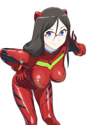 Rule 34 | 1girl, adjusting eyewear, black hair, blue eyes, bodysuit, breasts, cosplay, crossover, female focus, glasses, hair ornament, hairpods, hand on own hip, hibike! euphonium, impossible clothes, large breasts, leaning, leaning forward, long hair, looking at viewer, name connection, neon genesis evangelion, over-rim eyewear, pilot suit, plugsuit, red-framed eyewear, red bodysuit, semi-rimless eyewear, shiny clothes, simple background, skin tight, smile, solo, souryuu asuka langley, souryuu asuka langley (cosplay), standing, tanaka asuka, ueyama michirou, white background