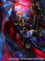 Rule 34 | 1boy, ares (fire emblem), armor, armored boots, blonde hair, boots, brown eyes, cape, clover k, company connection, copyright name, detached sleeves, fire emblem, fire emblem: genealogy of the holy war, fire emblem cipher, gloves, glowing, glowing weapon, holding, holding weapon, male focus, night, night sky, nintendo, official art, riding, short hair, sky, sword, weapon