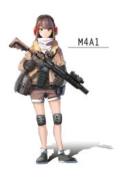 Rule 34 | 1girl, assault rifle, bad id, bad pixiv id, character name, commentary, fur collar, girls&#039; frontline, gloves, gun, headphones, highres, ihobus, jacket, knee pads, korean commentary, looking at viewer, m4 carbine, m4a1 (girls&#039; frontline), rifle, shadow, shoes, shorts, solo, standing, weapon