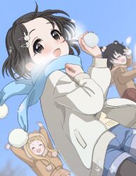 Rule 34 | 3girls, akagi miria, animal hood, arms up, bear hood, black eyes, black hair, black pantyhose, blonde hair, blue scarf, blue shorts, blue sky, blurry, blurry background, blush, breath, brown jacket, brown scarf, child, closed eyes, commentary, day, hair ornament, hairclip, hands up, highres, holding, holding snowball, hood, hooded jacket, ichihara nina, idolmaster, idolmaster cinderella girls, jacket, long sleeves, looking at viewer, medium hair, megabee e, multiple girls, open mouth, orange skirt, outdoors, pantyhose, pom pom (clothes), pom pom hair ornament, rabbit hair ornament, sasaki chie, scarf, short hair, short twintails, shorts, sidelocks, skirt, sky, smile, snowball, snowball fight, sweater, symbol-only commentary, thighs, twintails, upper body, v-shaped eyebrows, white jacket, yellow sweater