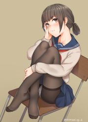 Rule 34 | 1girl, :3, bad id, bad twitter id, beige background, black pantyhose, blue skirt, blush, brown eyes, brown hair, chair, crossed ankles, crossed legs, crotch seam, feet, feet on chair, freckles, full body, hand on own face, highres, knees to chest, knees together feet apart, kyuuso inukami, legs, legs together, long legs, long sleeves, looking at viewer, no shoes, panties, panties under pantyhose, pantyhose, pantyshot, school uniform, serafuku, short twintails, simple background, sitting, skirt, solo, thighband pantyhose, toes, twintails, twitter username, underwear, white panties