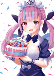Rule 34 | 1girl, :d, absurdres, ahoge, anchor symbol, birthday, birthday cake, blue dress, blue hair, blue ribbon, blunt bangs, blush, bow, braid, breasts, cake, cleavage, colored inner hair, dress, dress bow, drill hair, food, framed breasts, french braid, hair ribbon, happy birthday, highres, holding, holding cake, holding food, hololive, kairono3jou, large breasts, long hair, looking at viewer, maid, maid headdress, minato aqua, minato aqua (1st costume), multicolored hair, open mouth, puffy short sleeves, puffy sleeves, purple eyes, purple hair, ribbon, short sleeves, sidelocks, smile, solo, streaked hair, twin braids, twin drills, twintails, two-tone hair, virtual youtuber, white bow, wrist cuffs