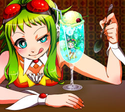 Rule 34 | 2girls, :q, aqua eyes, cocktail, food, goggles, goggles on head, green hair, gumi, harayan, ice cream, in food, mini person, minigirl, multiple girls, short hair, smile, spoon, tongue, tongue out, vocaloid