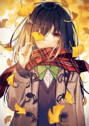 Rule 34 | 1girl, autumn, autumn leaves, blouse, blurry, blush, bow, bowtie, brown hair, coat, covered eyes, crying, depth of field, duffel coat, enpera, falling leaves, ginkgo leaf, ginkgo tree, hair between eyes, leaf, long hair, looking at viewer, one eye covered, open clothes, open coat, original, oshioshio, plaid, plaid scarf, red scarf, scarf, school uniform, shirt, smile, solo, sweater, tears, upper body, very long hair, white shirt, wind, yellow eyes