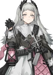 Rule 34 | 1girl, absurdres, ammunition belt, arknights, black gloves, black jacket, capelet, closed mouth, cowboy shot, earrings, gloves, grey eyes, grey hair, gun, head wings, highres, holding, holding lantern, irene (arknights), jacket, jewelry, lantern, layered skirt, long hair, long sleeves, looking at viewer, purple skirt, rain (rain8649), rapier, scar, scar across eye, scar on face, sheath, sheathed, simple background, skirt, solo, sword, weapon, white background, white capelet, white skirt, wings