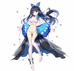 Rule 34 | 1girl, bad id, bad pixiv id, black dress, black hair, blue eyes, breasts, bug, butterfly, butterfly hair ornament, closed mouth, collarbone, dress, floating hair, full body, hair ornament, high heels, insect, long hair, looking at viewer, medium breasts, navel, nie xiaoqian, outstretched arms, revealing clothes, sangai senki, shawl, shoes, simple background, solo, thighhighs, thighs, white background, white footwear, white thighhighs, zhenming