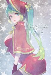 Rule 34 | 1girl, alternate costume, black gloves, blue eyes, blue hair, breasts, character name, christmas, dress, gloves, hat, heather37, highres, large breasts, league of legends, long hair, matching hair/eyes, red dress, silent night sona, smile, solo, sona (league of legends), tareme, twintails