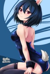 Rule 34 | 1girl, animal ears, artist name, backless outfit, black thighhighs, blue hair, blue leotard, bob cut, brave witches, closed mouth, commentary request, from side, halter leotard, halterneck, haruhata mutsuki, leotard, light blush, looking at viewer, looking back, playboy bunny, purple eyes, rabbit ears, rabbit girl, rabbit tail, revision, shimohara sadako, short hair, signature, sitting, skindentation, smile, solo, strapless, strapless leotard, tail, thighhighs, twitter username, wariza, world witches series, wrist cuffs