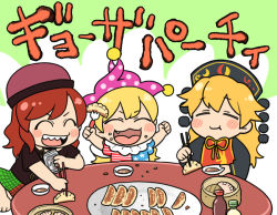 Rule 34 | 3girls, :d, :t, aged down, american flag print, american flag shirt, arms up, black dress, blonde hair, chopsticks, closed eyes, clownpiece, commentary request, dress, dumpling, eating, food, food on face, fork, green background, hat, hecatia lapislazuli, holding, holding chopsticks, holding fork, jester cap, jiaozi, junko (touhou), koyama shigeru, long hair, long sleeves, multiple girls, open mouth, plaid, plaid skirt, plate, polka dot headwear, print shirt, red hair, sharp teeth, shirt, short hair, short sleeves, skirt, smile, soy sauce, t-shirt, tabard, table, teeth, touhou, translation request, two-tone background, upper teeth only, very long hair, white background