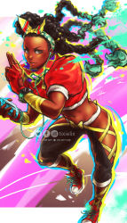 Rule 34 | 1girl, aqua hair, arm wrap, black hair, black pants, bow hairband, brown eyes, brown lips, capcom, colored tips, commentary, converse, cropped jacket, dark-skinned female, dark skin, earbuds, earphones, english commentary, forehead, full body, gloves, hairband, highres, hip vent, jacket, kimberly jackson, leg wrap, linea alba, lips, listening to music, long hair, looking at viewer, lowleg, lowleg pants, midriff, multicolored hair, nose, pants, puffy short sleeves, puffy sleeves, quad braids, red footwear, red gloves, red jacket, salute, scarf, shoes, short sleeves, smartwatch, sneakers, solo, street fighter, street fighter 6, tixie lix, two-finger salute, two-tone hair, very dark skin, walkman, watermark, wristwatch