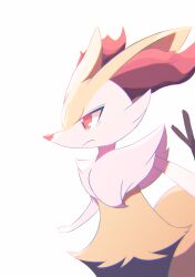Rule 34 | 1girl, absurdres, animal ear fluff, animal ears, animal hands, animal nose, black fur, body fur, braixen, chromatic aberration, closed mouth, creatures (company), female focus, flat chest, fox ears, fox girl, fox tail, from side, furry, furry female, game freak, gen 6 pokemon, highres, inariya (pixiv 88175043), looking to the side, multicolored fur, neck fur, nintendo, pokemon, pokemon (creature), profile, red eyes, sideways mouth, snout, solo, standing, stick, tail, white fur, yellow fur